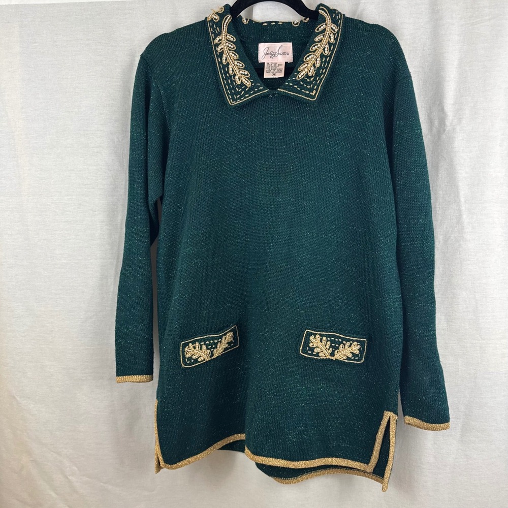 Jaclyn Smith Vintage Green Gold Embellished Collar Pocket Knit Tunic Sweater‎ M